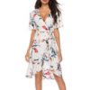 Floral Print V-neck Short Sleeve Waist Tie Casual Midi Dress