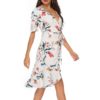 Floral Print V-neck Short Sleeve Waist Tie Casual Midi Dress - Image 3