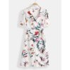 Floral Print V-neck Short Sleeve Waist Tie Casual Midi Dress - Image 4