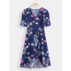 Floral Print V-neck Short Sleeve Waist Tie Casual Midi Dress - Image 5