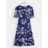 Floral Print V-neck Short Sleeve Waist Tie Casual Midi Dress - Image 6