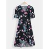 Floral Print V-neck Short Sleeve Waist Tie Casual Midi Dress - Image 7