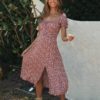 Ruffles Square Collar Puff Sleeve Boho Midi Dress
