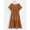 Stripe O-neck Loose Drawstring Waist Casual Mini Dress