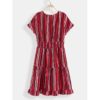 Stripe O-neck Loose Drawstring Waist Casual Mini Dress - Image 3