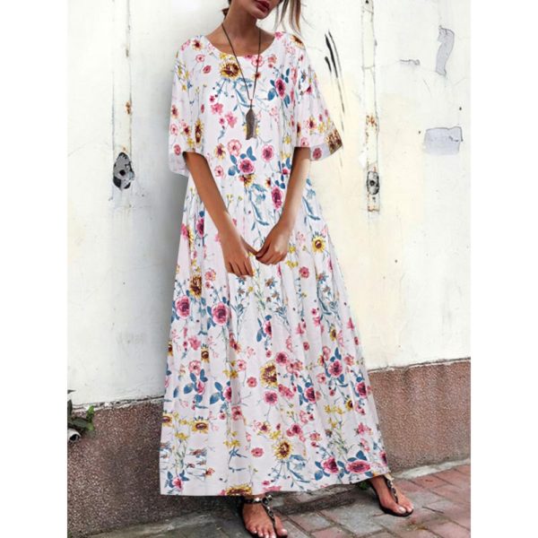 Vintage Crew Neck Loose Floral Dress with Pockets - Image 2