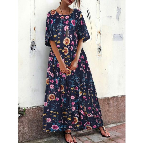 Vintage Crew Neck Loose Floral Dress with Pockets - Image 3