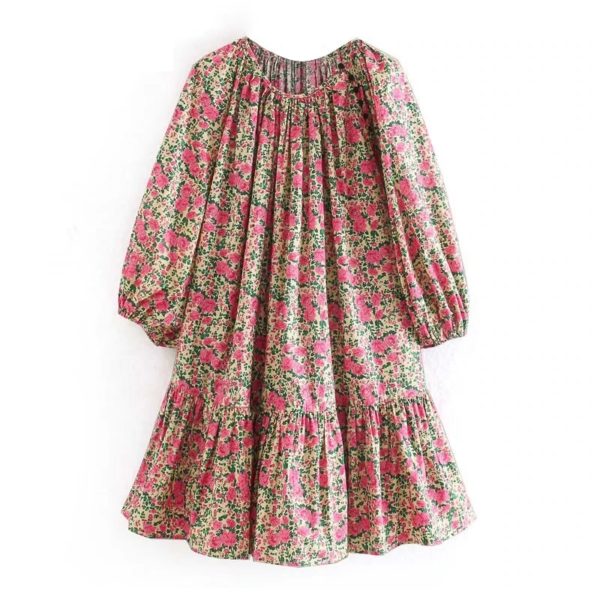 Vintage O Neck Floral Print Casual Loose Short Dress