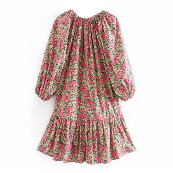 Vintage O Neck Floral Print Casual Loose Short Dress - Image 2