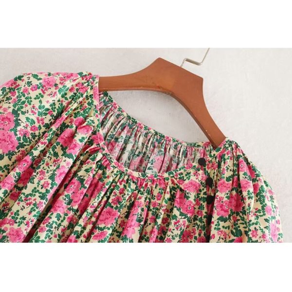 Vintage O Neck Floral Print Casual Loose Short Dress - Image 7