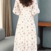 Long Sleeves Dress Floral Print Peter Pan Collar Bows Tie Flared Dress - Image 2