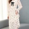 Long Sleeves Dress Floral Print Peter Pan Collar Bows Tie Flared Dress - Image 3