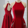 Satin Fabric Halter A Line Sleeveless Beaded Floor Length Party Prom Dresses - Image 7