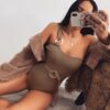 Metal Ring Round Knitted Ribbed Sexy Skinny Bodysuit - Image 2