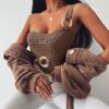 Metal Ring Round Knitted Ribbed Sexy Skinny Bodysuit - Image 3