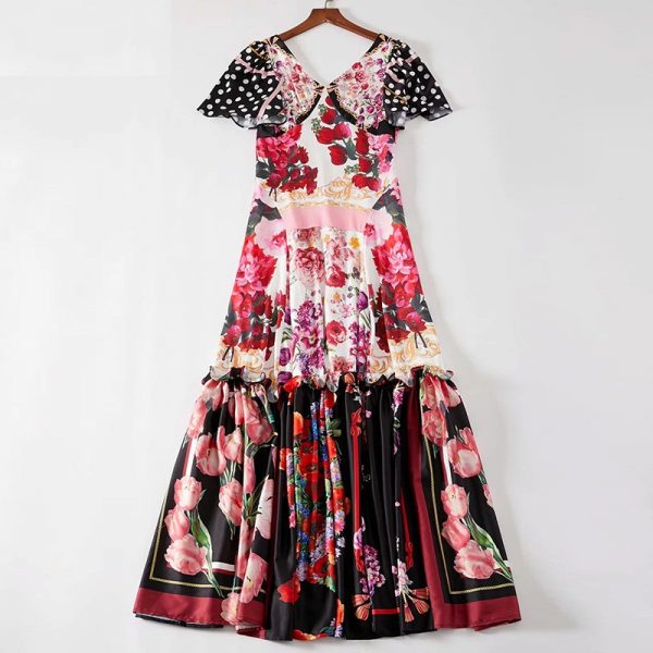 Sexy V-Neck Short Sleeve Dot Flower Print Ruffles Maxi Dress