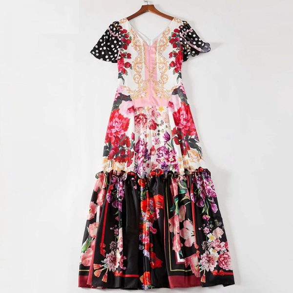 Sexy V-Neck Short Sleeve Dot Flower Print Ruffles Maxi Dress - Image 2