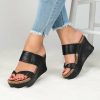 Slip On Leather Wedge Sandals - Open Toe Style Broad Foot Strap Cork Insole - Image 3