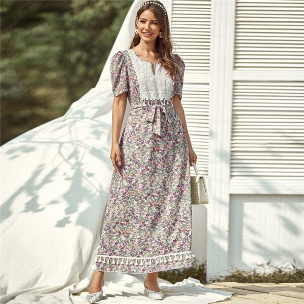 Floral Print High Waist A Line Bohemian Long Dresses