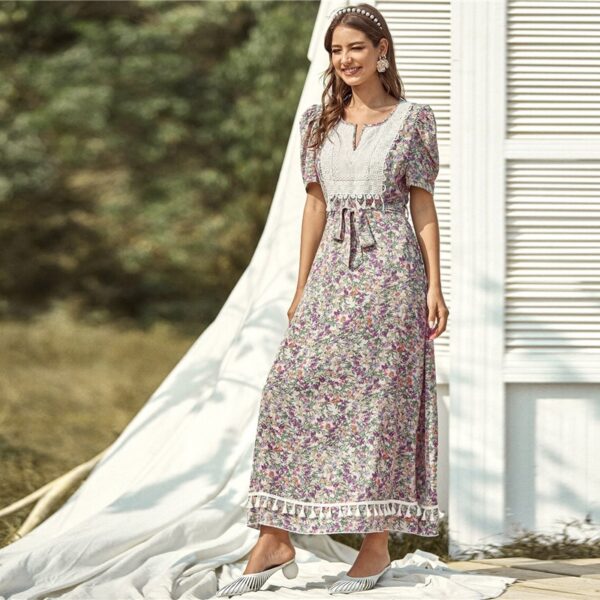 Floral Print High Waist A Line Bohemian Long Dresses - Image 2