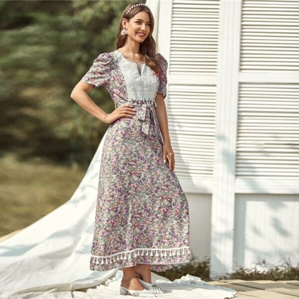 Floral Print High Waist A Line Bohemian Long Dresses - Image 4