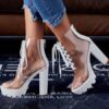 Perspex Boots Clear Heels Lace Up Chunky Heel Round Toe Booties - Image 5