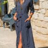 Maxi Dresses Chiffon Long Sleeves Printed Turndown Collar Shirt Dress - Image 3