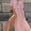 Maxi Dresses V-Neck Half Sleeves Floral Print Cut Out Slit Long Dress