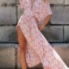 Maxi Dresses V-Neck Half Sleeves Floral Print Cut Out Slit Long Dress - Image 2