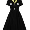 Turndown Collar Buttons Layered Short Sleeves Butterfly Color Block Swing Dress