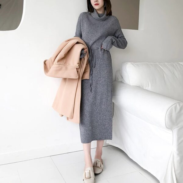 Turtleneck Full Sleeve Lace-up Waist Sweater Dress - Image 2