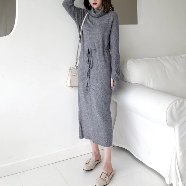 Turtleneck Full Sleeve Lace-up Waist Sweater Dress - Image 3