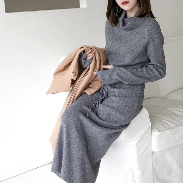 Turtleneck Full Sleeve Lace-up Waist Sweater Dress - Image 4