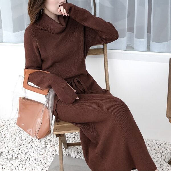 Turtleneck Full Sleeve Lace-up Waist Sweater Dress - Image 8
