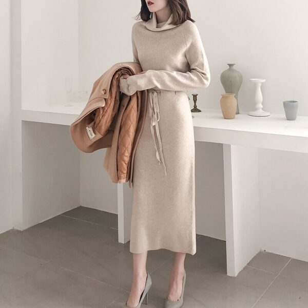 Turtleneck Full Sleeve Lace-up Waist Sweater Dress - Image 9