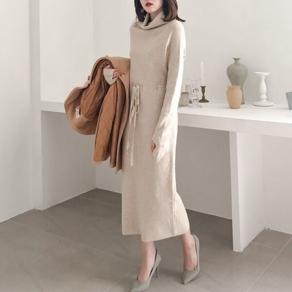 Turtleneck Full Sleeve Lace-up Waist Sweater Dress - Image 10
