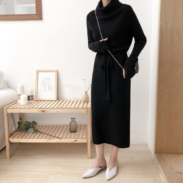 Turtleneck Full Sleeve Lace-up Waist Sweater Dress - Image 12