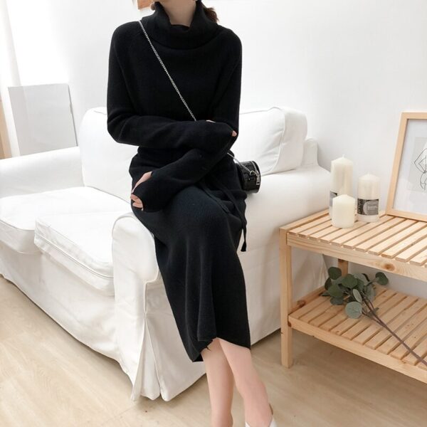 Turtleneck Full Sleeve Lace-up Waist Sweater Dress - Image 13