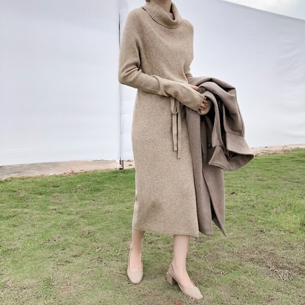 Turtleneck Full Sleeve Lace-up Waist Sweater Dress - Image 14
