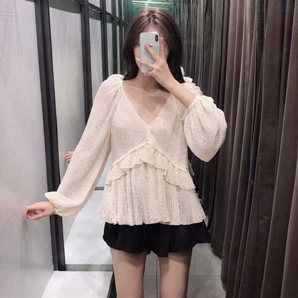 Casual Dot Print Ruffles Transparent V Neck Solid Top