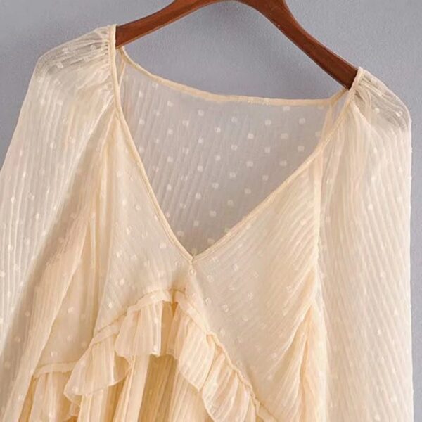 Casual Dot Print Ruffles Transparent V Neck Solid Top - Image 4