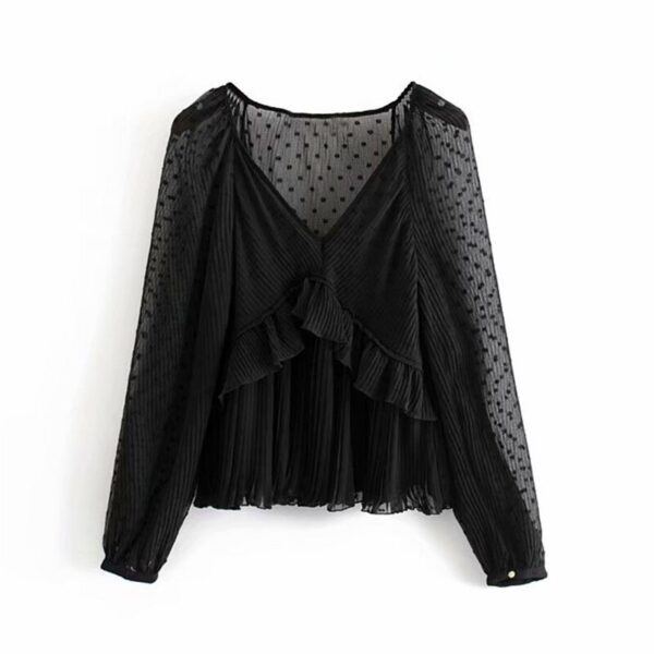 Casual Dot Print Ruffles Transparent V Neck Solid Top - Image 6