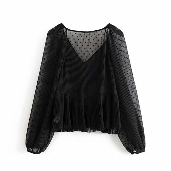 Casual Dot Print Ruffles Transparent V Neck Solid Top - Image 7