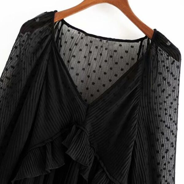 Casual Dot Print Ruffles Transparent V Neck Solid Top - Image 8