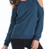 Long Sleeves Cut Out Open Shoulder Jewel Neck Cotton Top