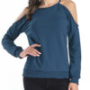 Long Sleeves Cut Out Open Shoulder Jewel Neck Cotton Top - Image 2