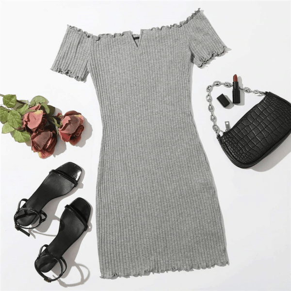 Off Shoulder Notched Neck Lettuce Trim Rib-knit Pencil Dress - Image 11