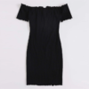 Off Shoulder Notched Neck Lettuce Trim Rib-knit Pencil Dress - Image 3