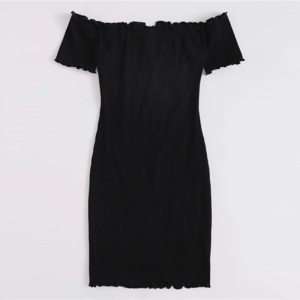 Off Shoulder Notched Neck Lettuce Trim Rib-knit Pencil Dress - Image 3