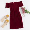 Off Shoulder Notched Neck Lettuce Trim Rib-knit Pencil Dress - Image 6